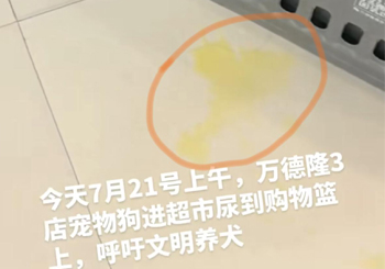 宠物狗在超市购物篮旁撒尿,店方:事发地为超市门外,已消毒清洁